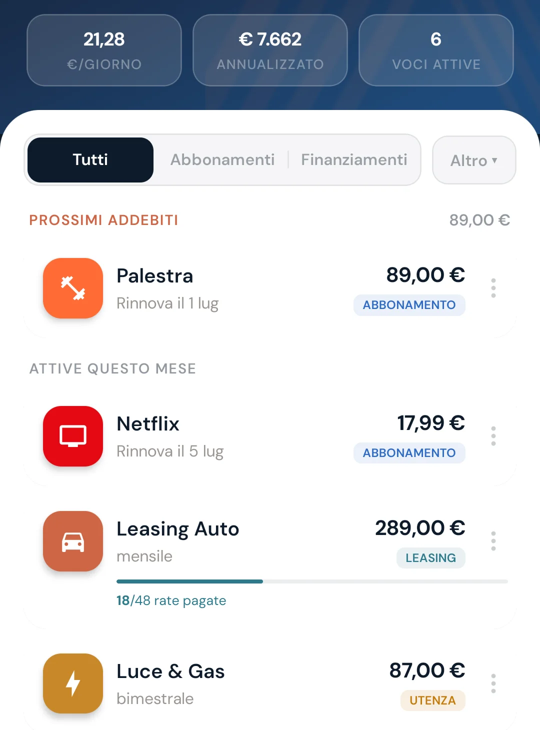 HomeScreen di Anthilia: totale mensile e prossimi addebiti